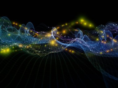 Veri Alanı Sanal Dalga serisi. Veri transferi teması üzerine yatay sinüs dalgaları ve ışık parçacıklarının bileşimi, sanal, yapay, matematiksel gerçeklik.