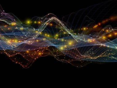 Dijital Dünyalar. Sanal Dalga serisi. Veri transferiyle ilgili yatay sinüs dalgaları ve ışık parçacıklarından oluşan soyut tasarım, sanal, yapay, matematiksel gerçeklik.