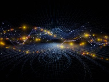 Uzayda veri. Sanal Dalga serisi. Veri transferi, sanal, yapay, matematiksel gerçeklik konularındaki yatay sinüs dalgaları ve ışık parçacıklarından oluşan tasarım.