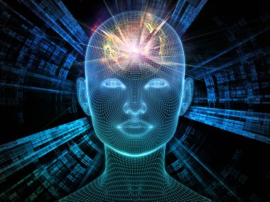 Parlak Düşünce. Bilinçli Zihin serisi. Yapay zeka, insan bilinci ve manevi yapay zeka için 3 boyutlu parlayan tel örgü insan yüzü bileşimi