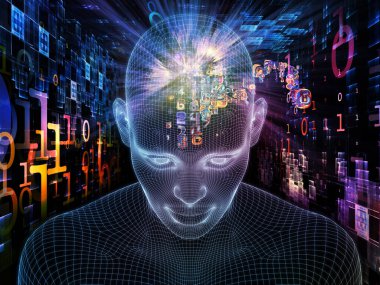 Parlak Düşünce. Bilinçli Zihin serisi. Parlayan kablonun 3 boyutlu görüntülenmesi yapay zeka, insan bilinci ve manevi yapay zeka ile ilişkili insan yüzü.