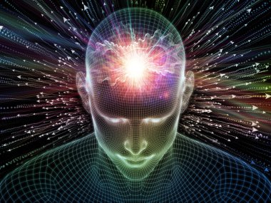 Aydınlanmış düşünce. Bilinçli Zihin serisi. Yapay zeka, insan bilinci ve ruhani yapay zeka için üç boyutlu parlayan tel örgü insan yüzüyle ilgili soyut tasarım.