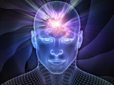 Parlak Rüyalar. Bilinçli Zihin serisi. Yapay zeka, insan bilinci ve ruhani yapay zeka üzerine parlayan tellerin 3 boyutlu tasarımı insan yüzünü örüyor.