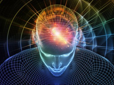 Dijital boşluk. Bilinçli Zihin serisi. Yapay zeka, insan bilinci ve ruhani yapay zekanın metaforu olarak parlayan tel örgü insan yüzünün üç boyutlu bir tasarımı.