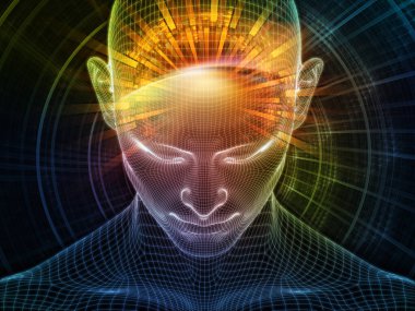Sanal gerçeklik. Bilinçli Zihin serisi. Yapay zeka, insan bilinci ve manevi yapay zeka ile ilişkili olarak parlayan tel örgü insan yüzünün 3 boyutlu görüntülenmesi.