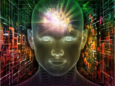 Parlak Rüyalar. Bilinçli Zihin serisi. Yapay zeka, insan bilinci ve ruhsal yapay zeka konularında 3 boyutlu parlayan tel insan yüzünü soyutlaması