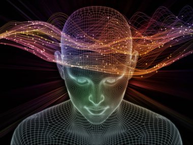 İç Işık. Bilinçli Zihin serisi. Yapay zeka, insan bilinci ve ruhani yapay zeka projeleri için 3 boyutlu parlayan tel örgü insan yüzü oluşturma arkaplanı