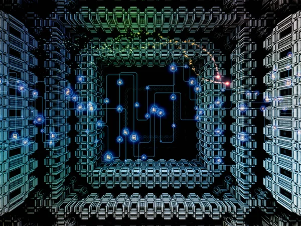 3D illustration of fractal structures, abstract digital network and lights on the subject of modern technology, future of data processing and virtual reality