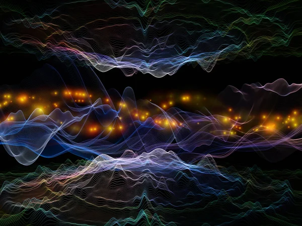 虚拟微观世界虚拟浪潮系列 具有视觉吸引力的背景 由水平正弦波和光粒子构成 适合于数据传输 数学现实的布局 — 图库照片
