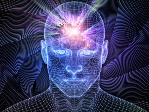 明るい夢 Lucid Mindシリーズ 人工知能 人間の意識 精神的なAiをテーマにした 輝くワイヤメッシュ人間の顔の3Dレンダリングの背景デザイン — ストック写真