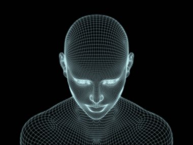 Resim ve tasarım için insan kafası ve yüzünün 3 boyutlu görüntüsü tel örgüsü