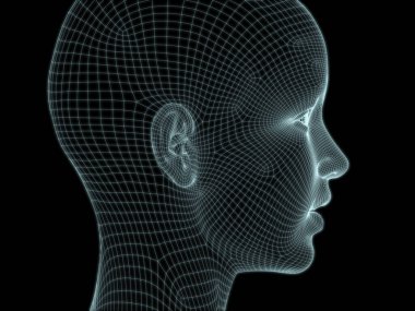 Resim ve tasarım için insan kafası ve yüzünün 3 boyutlu görüntüsü tel örgüsü