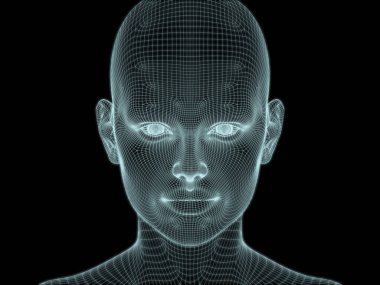 Teknoloji, eğitim ve bilgisayar bilimleri illüstrasyonlarında kullanılmak üzere insan kafasının tel örgüsü içinde 3B görüntüsü