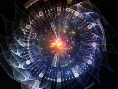 Eğitim, modern teknoloji, bilim ve sanal gerçeklik konularındaki fraktal disk ve soyut yapıların 3 boyutlu çizimi.