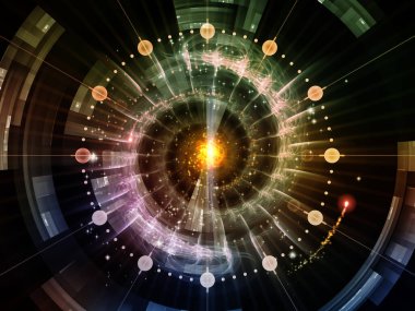 Eğitim, modern teknoloji, bilim ve sanal gerçeklik konularındaki fraktal disk ve soyut yapıların 3 boyutlu çizimi.