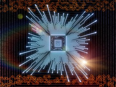 Bilgisayar bilimi ve modern teknoloji üzerine rakamlar ve işlemci kompozisyonu