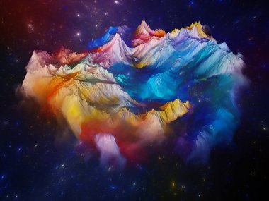 Yukarıdaki Topraklar. Sky serisindeki ada. Hayal gücü, uzay, bilim kurgu ve yaratıcılık teması üzerine fraktal alana karşı üç boyutlu rengarenk dağların oluşturulması