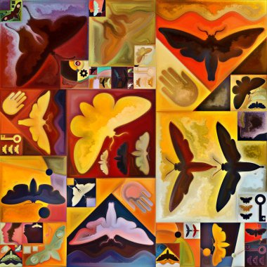 İç şifreleme serisi. Gizli anlamlar, kutsal yaşam, drama, şiir, mistisizm ve sanat konularındaki soyut organik formların ve sanat dokularının renkli kolajı.