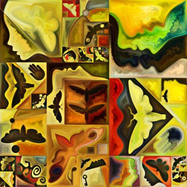 İç şifreleme serisi. Gizli anlamlar, kutsal yaşam, drama, şiir, mistisizm ve sanat konularındaki soyut organik formların ve sanat dokularının renkli kolajı.