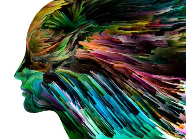 Rahatsız edici Düşünceler serisi. İnsan yüzü siluetinde hareketli renkli boya. İç dünya, zihin, psikoloji, depresyon, anksiyete, zihinsel hastalık, yaratıcılık ve soyut sanat konularındaki sanat çalışmaları.