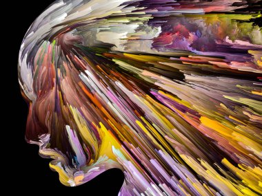 Rahatsız edici Düşünceler serisi. İnsan yüzü siluetinde hareketli karamsar bir boya. İç dünya, zihin, psikoloji, depresyon, anksiyete, zihinsel hastalık, yaratıcılık ve soyut sanat konularındaki sanat çalışmaları.