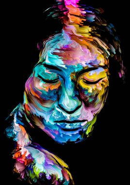 Renk serisi insanları. Yaratıcılık, hayal gücü ve sanat konularında genç bir kadının soyut çok renkli portresi.