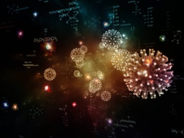 Coronavirus Evreni. Viral Salgın Serisi. Virüs, salgın, enfeksiyon, hastalık ve sağlık konularında çalışmalar için 3 boyutlu Coronavirus parçacıkları ve mikro uzay elementleri