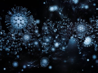 Coronavirus Mikro Dünyası. Viral Salgın Serisi. Coronavirus parçacıkları ve mikro uzay elementlerinin virüs, salgın hastalık, enfeksiyon, hastalık ve sağlık için 3D çizimi