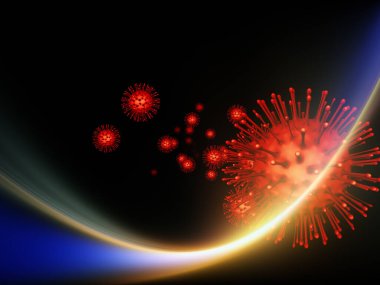 Viral enfeksiyon, Coronavirüs salgını, tıp ve sağlık konularında 3 boyutlu kırmızı viral parçacıkların ve eğri ışık ışınlarının oluşturulması
