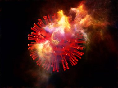 Kırmızı Coronavirus virüsü parçacığı ve üç boyutlu soyut elementlerin viral cisimler ve mikro ortam veya bağışıklık sistemi ile etkileşimi üzerine 3 boyutlu yorumlanması