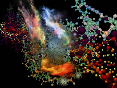 Üç boyutlu soyut Coronavirus virüsü parçacığı ve üç boyutlu soyut elementlerin viral cisimler ve mikro çevre veya bağışıklık sistemiyle etkileşimi üzerine oluşturulması