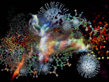 Üç boyutlu soyut Coronavirus virüsü parçacığı ve üç boyutlu soyut elementlerin viral cisimler ve mikro çevre veya bağışıklık sistemiyle etkileşimi üzerine oluşturulması