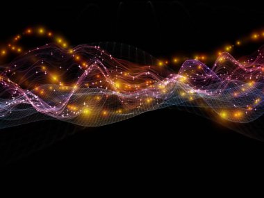 Uzay Geometrisi. Sanal Dalga serisi. Veri transferi, sanal, yapay, matematiksel gerçeklik için yatay sinüs dalgaları ve ışık parçacıklarının arkaplan tasarımı.