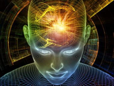 Aydınlanmış düşünce. Bilinçli Zihin serisi. Yapay zeka, insan bilinci ve ruhani yapay zeka için üç boyutlu parlayan tel örgü insan yüzüyle ilgili soyut tasarım.