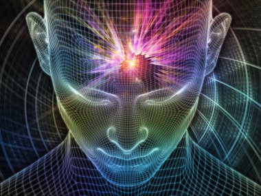 Parlak Rüyalar. Bilinçli Zihin serisi. Yapay zeka, insan bilinci ve ruhani yapay zeka üzerine parlayan tellerin 3 boyutlu tasarımı insan yüzünü örüyor.