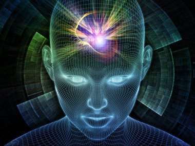 Dijital Düşünceler. Bilinçli Zihin serisi. Parlayan kablonun 3 boyutlu görüntülenmesi yapay zeka, insan bilinci ve ruhani yapay zeka projelerinde kullanılmak üzere insan yüzünü örgüler.