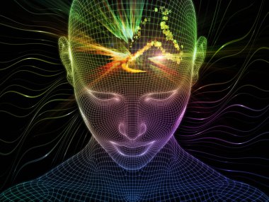 Parlak Rüyalar. Bilinçli Zihin serisi. Yapay zeka, insan bilinci ve ruhsal yapay zeka konularında 3 boyutlu parlayan tel insan yüzünü soyutlaması