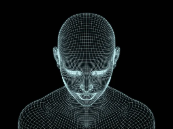 図やデザインで使用するためのワイヤーメッシュとして人間の頭と顔の3Dレンダリング — ストック写真