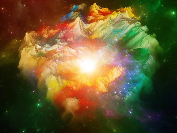 Flying Island .  Island in the Sky series. Background design of 3D rendering of colorful mountains against fractal space on the subject of imagination, space, science fiction and creativity