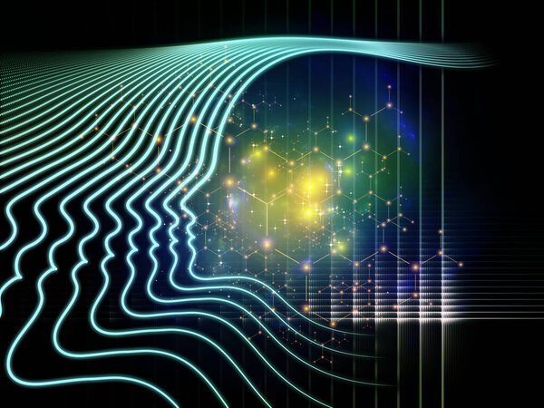 Out of Your Mind Science series. Design made of spiral of human silhouette face line and abstract elements on the subject of consciousness, the mind, artificial intelligence and technology