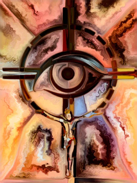 信念のテクスチャ ステンドグラスシリーズのクロス キリストと自然界の十字架刑の断片化された一体性に関連する有機的な教会窓の色パターンの相互作用 — ストック写真