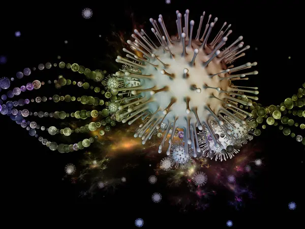コロナウイルスロジック ウイルス感染症シリーズ ウイルス 健康をテーマにしたコロナウイルス粒子と微小空間要素の3Dイラスト — ストック写真