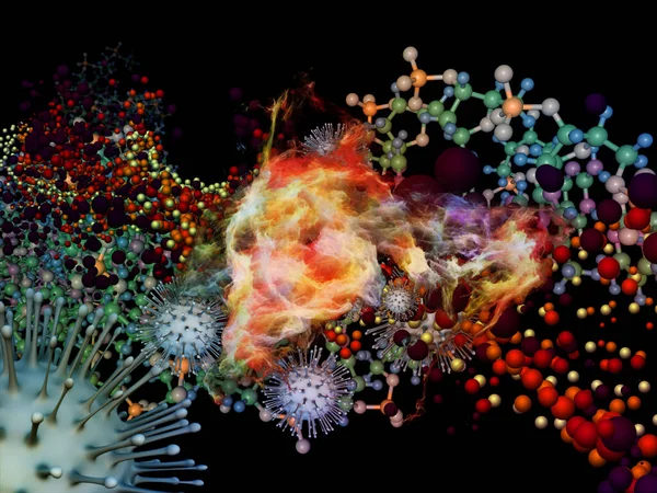 Rendering Coronavirus Partikel Och Tredimensionella Abstrakta Molekylära Element Ämnet Interaktion — Stockfoto