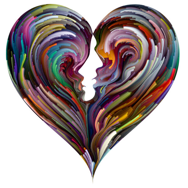 "Soul Mates". Силуэты мужского и женского лица, интегрированные в символ формы сердца с мазками кисти цифровой краски. Иллюстрация на тему любви, романтики, брака и семьи
.