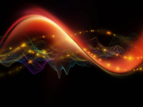 宇宙幾何学 仮想波シリーズ データ転送 数学的現実のプロジェクトに適した水平正弦波と光粒子の抽象的な配置 — ストック写真