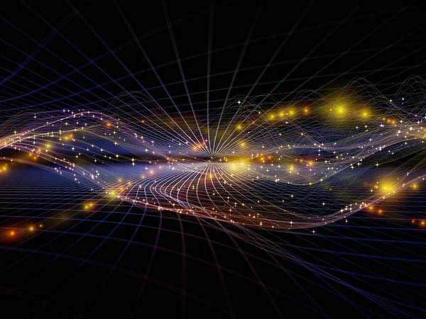 宇宙幾何学 仮想波シリーズ データ転送 数学的現実に関連する水平正弦波と光粒子の背景設計 — ストック写真