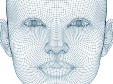 İnsan kafası ve yüzünün üç boyutlu görüntülenmesi illüstrasyon ve tasarım için tel örgüsü olarak kullanılacak