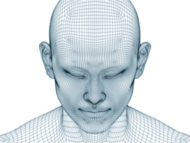 İnsan kafası ve yüzünün üç boyutlu görüntülenmesi illüstrasyon ve tasarım için tel örgüsü olarak kullanılacak