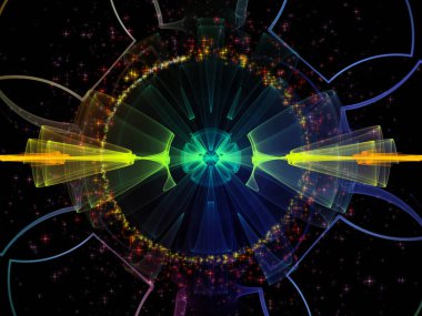 Dalga Fonksiyonu serisi. Ses eşitleyici, müzik spektrumu ve kuantum olasılığı için renkli sinüs titreşimleri, ışık ve fraktal elementlerin grafiksel bileşimi