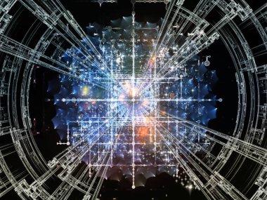 Eğitim, modern teknoloji, bilim ve sanal gerçeklik konularındaki fraktal disk ve soyut yapıların 3 boyutlu çizimi.